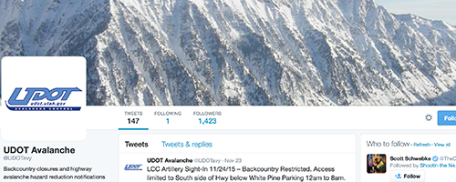 Screen cap of UDOT Avalanche twitter feed has a large snowy mountain.