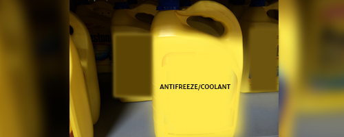 Bright yellow bottle of anti freeze sits on a shelf