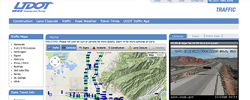 Screen cap of UDOT traffic website has a map of Utah with camera icons on it.