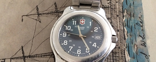 Close up shows a watch face.