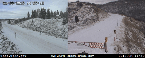 Screen caps from two cameras that show video feeds of snowy roads that are closed for the season.