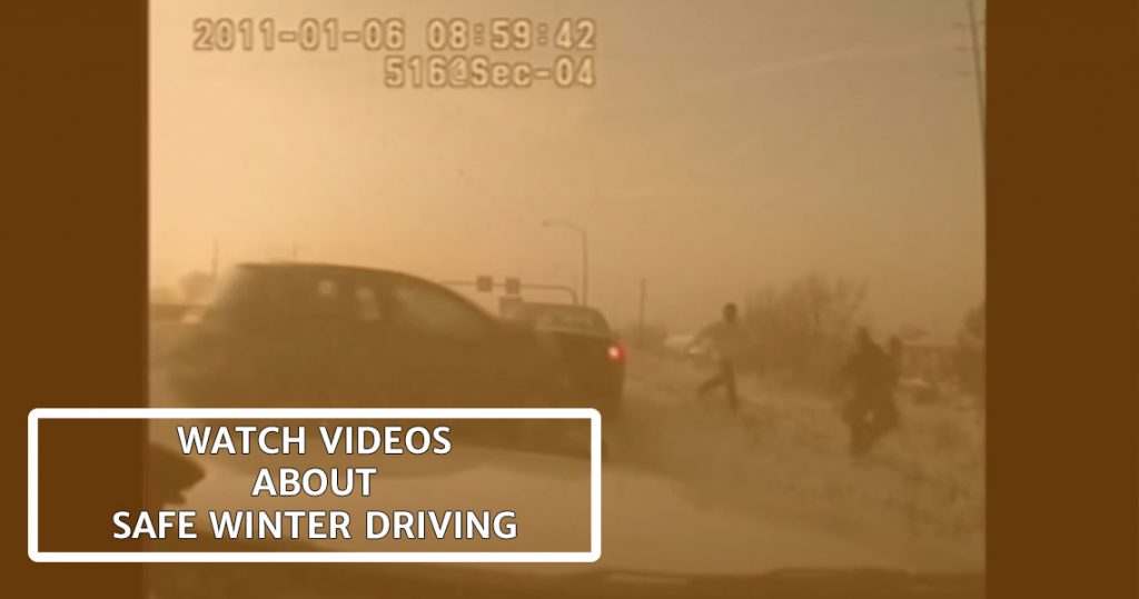 Screen cap from a video shows people dodging a car that is sliding off the road toward them on a snowy shoulder and text reads watch videos about safe winter driving.